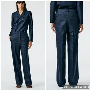 Tibi Superfine Wool Flannel Rodney Straight Leg Trouser Pants Navy Blue 2